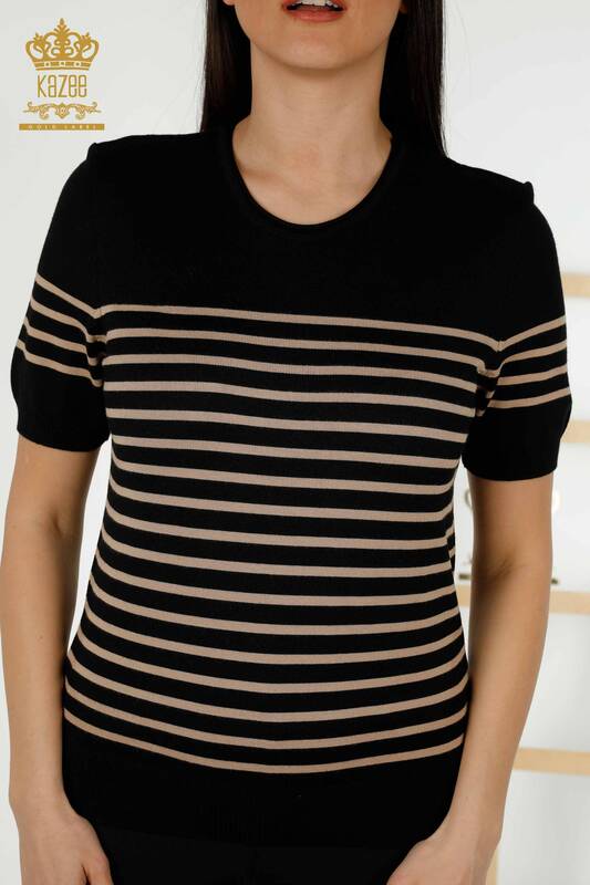 Wholesale Women's Knitwear Sweater Striped Short Sleeve Black Ecru - 30396 | KAZEE