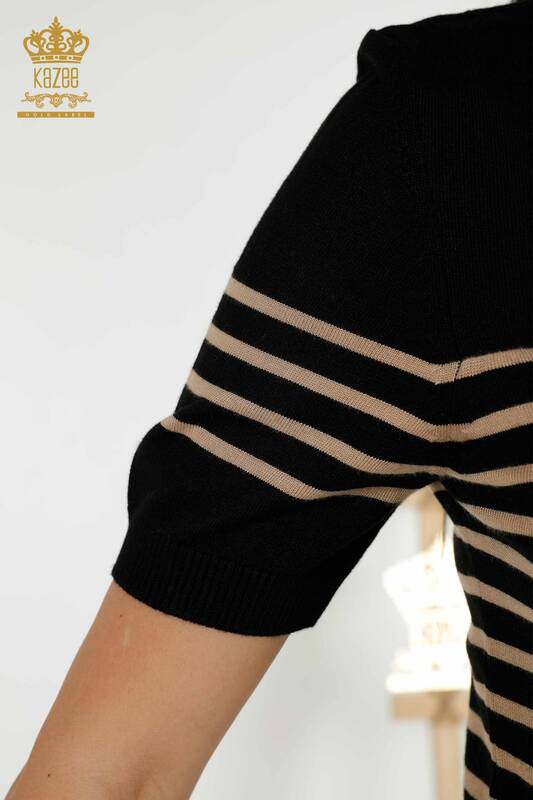 Wholesale Women's Knitwear Sweater Striped Short Sleeve Black Ecru - 30396 | KAZEE