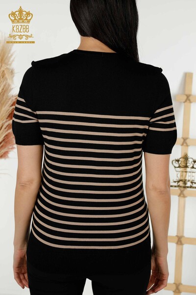 Wholesale Women's Knitwear Sweater Striped Short Sleeve Black Ecru - 30396 | KAZEE - Thumbnail
