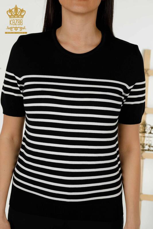 Wholesale Women's Knitwear Sweater - Striped - Short Sleeve - Black White - 30396 | KAZEE