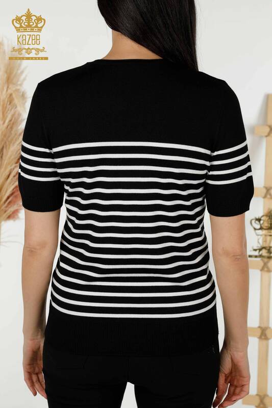 Wholesale Women's Knitwear Sweater - Striped - Short Sleeve - Black White - 30396 | KAZEE