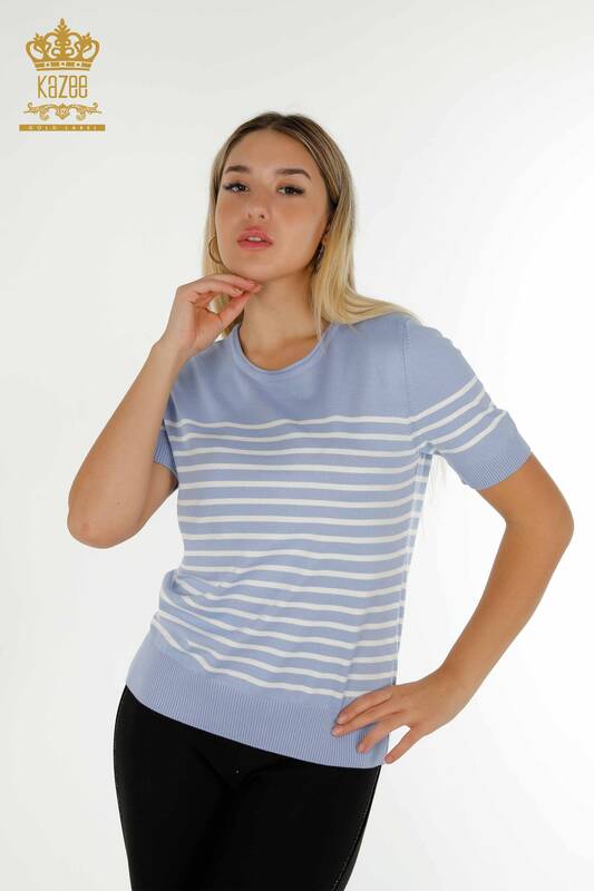 Wholesale Women's Knitwear Sweater Striped Short Sleeve Blue White - 30396 | KAZEE