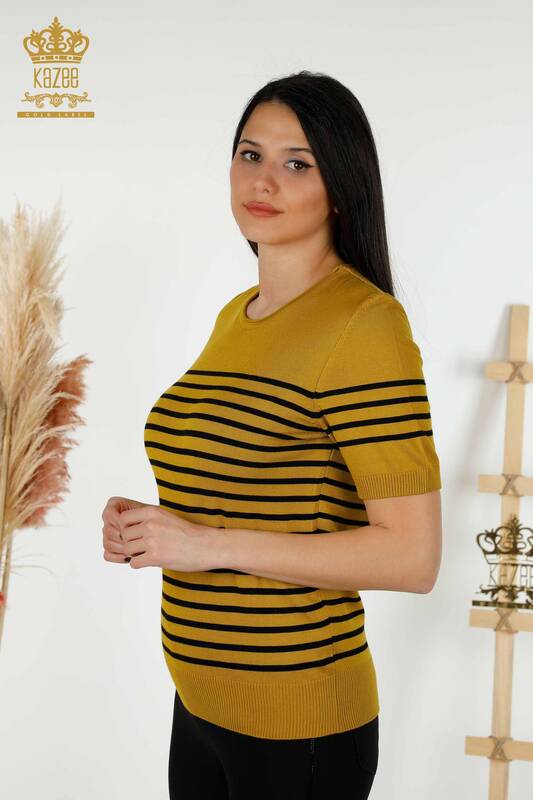Wholesale Women's Knitwear Sweater Striped Short Sleeve Mustard Black - 30396 | KAZEE