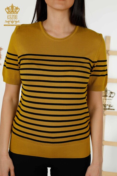 Wholesale Women's Knitwear Sweater Striped Short Sleeve Mustard Black - 30396 | KAZEE - Thumbnail
