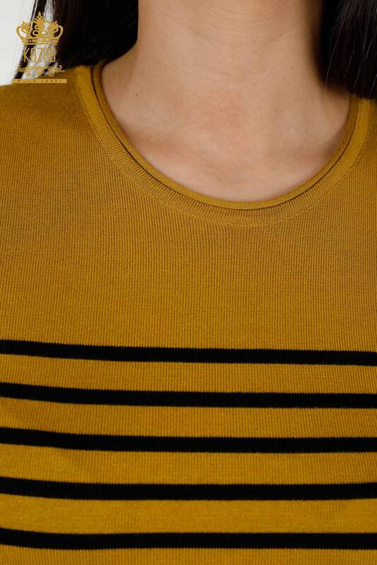 Wholesale Women's Knitwear Sweater Striped Short Sleeve Mustard Black - 30396 | KAZEE