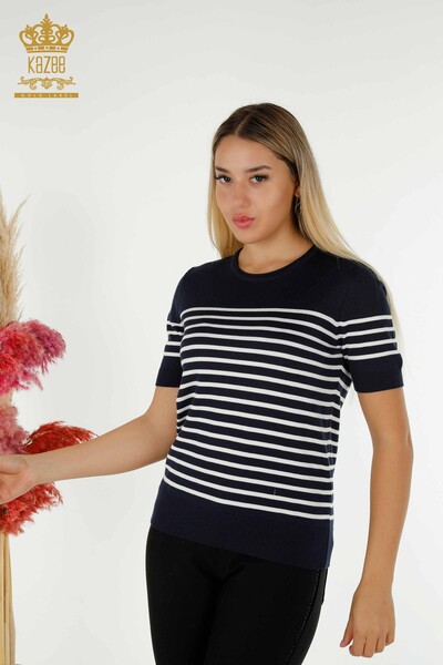 Wholesale Women's Knitwear Sweater Striped Short Sleeve Navy Blue Ecru - 30396 | KAZEE - Thumbnail