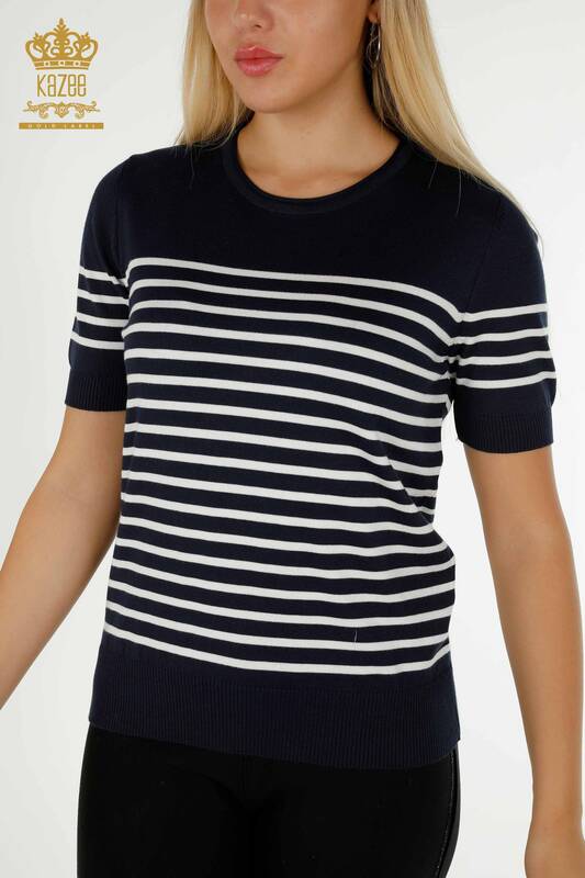Wholesale Women's Knitwear Sweater Striped Short Sleeve Navy Blue Ecru - 30396 | KAZEE