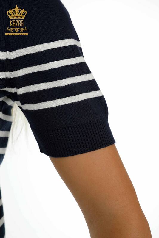 Wholesale Women's Knitwear Sweater Striped Short Sleeve Navy Blue Ecru - 30396 | KAZEE