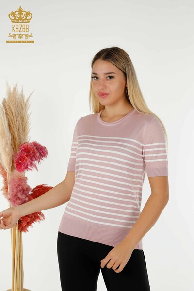 Wholesale Women's Knitwear Sweater Striped Short Sleeve Powder Ecru - 30396 | KAZEE - Thumbnail