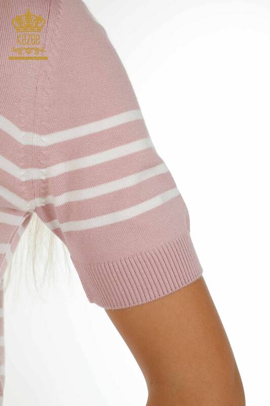 Wholesale Women's Knitwear Sweater Striped Short Sleeve Powder Ecru - 30396 | KAZEE