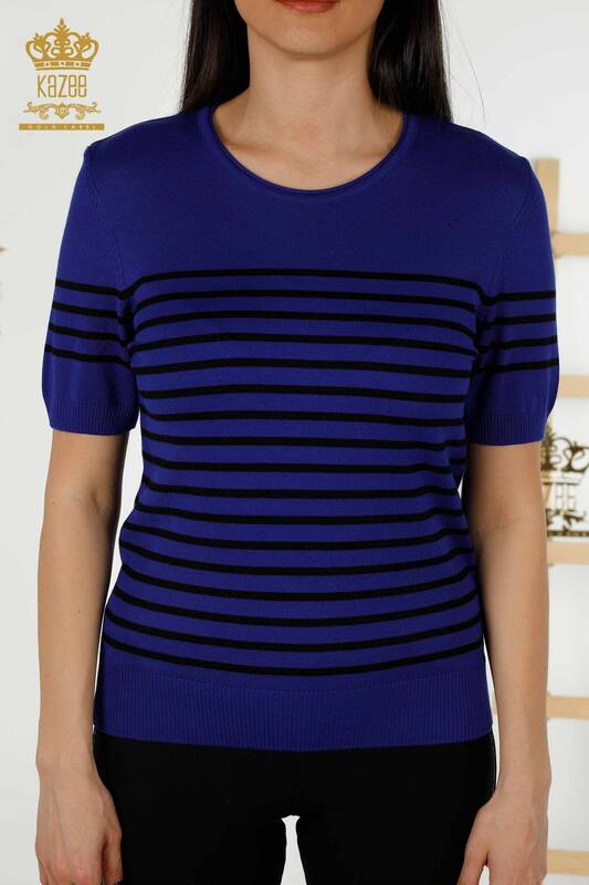 Wholesale Women's Knitwear Sweater Striped Short Sleeve Saks Black - 30396 | KAZEE