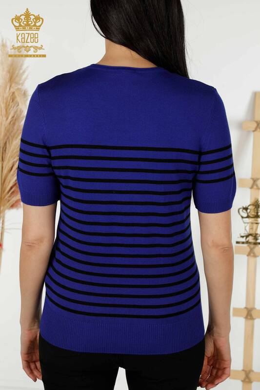 Wholesale Women's Knitwear Sweater Striped Short Sleeve Saks Black - 30396 | KAZEE