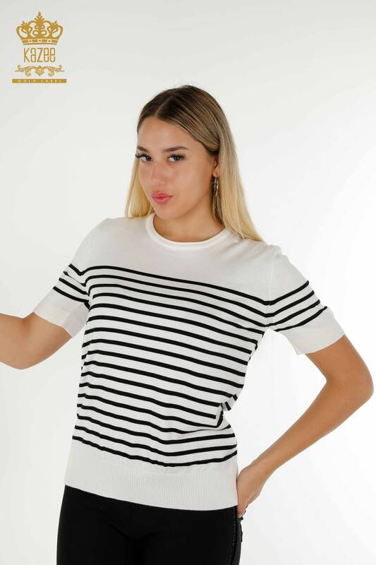 Wholesale Women's Knitwear Sweater Striped Short Sleeve White Black - 30396 | KAZEE