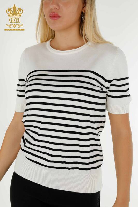 Wholesale Women's Knitwear Sweater Striped Short Sleeve White Black - 30396 | KAZEE