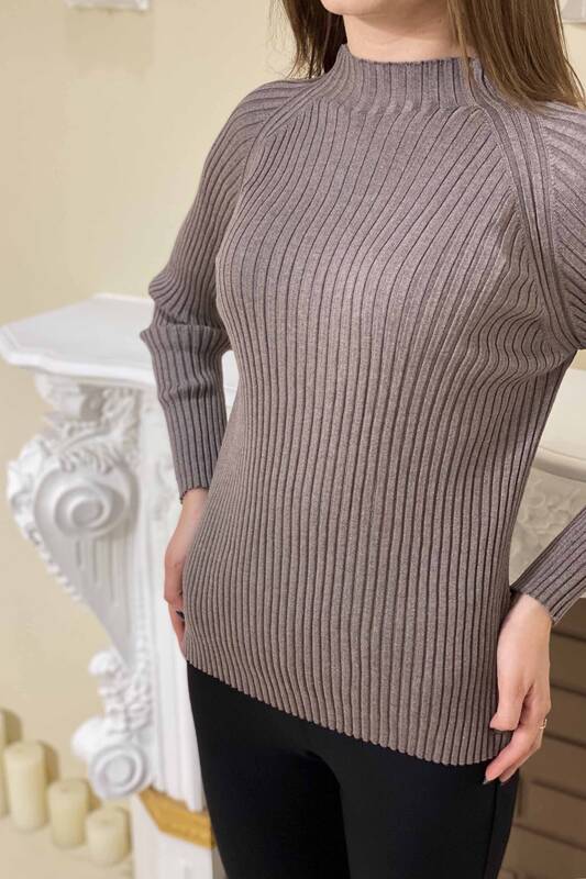 Wholesale Women's Knitwear Sweater Striped Stand Up Collar Basic - 16204 | KAZEE
