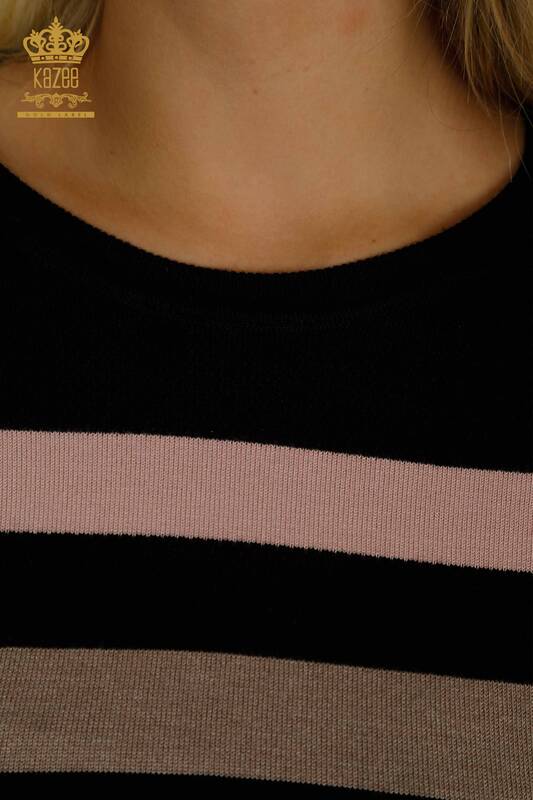 Wholesale Women's Knitwear Sweater Striped Two Color Black Fuchsia - 30133 | KAZEE