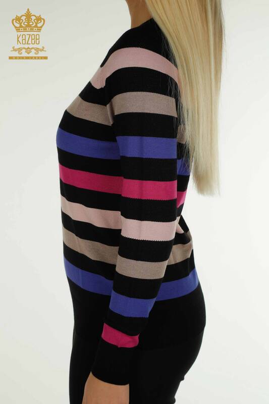 Wholesale Women's Knitwear Sweater Striped Two Color Black Fuchsia - 30133 | KAZEE