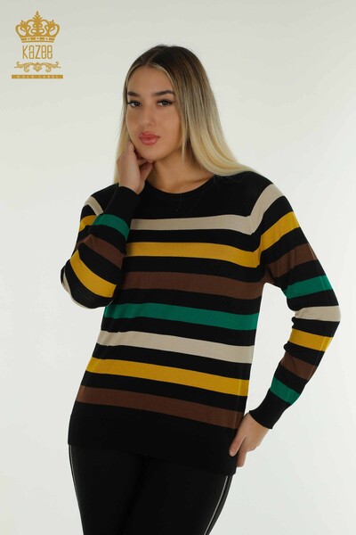 Wholesale Women's Knitwear Sweater Striped Two Color Black Saffron - 30133 | KAZEE - Thumbnail