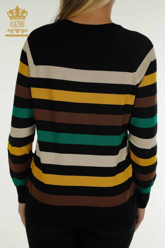 Wholesale Women's Knitwear Sweater Striped Two Color Black Saffron - 30133 | KAZEE
