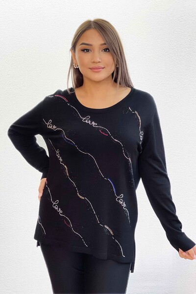 Wholesale Women's Knitwear Sweater Striped Written Embroidered Stone - 16467 | KAZEE - Thumbnail