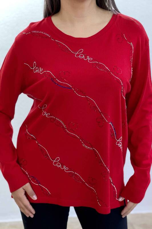 Wholesale Women's Knitwear Sweater Striped Written Embroidered Stone - 16467 | KAZEE