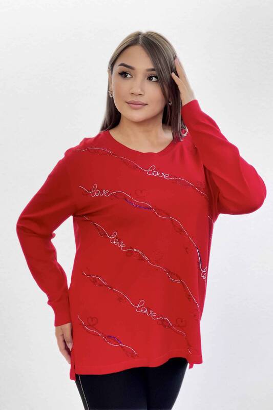 Wholesale Women's Knitwear Sweater Striped Written Embroidered Stone - 16467 | KAZEE