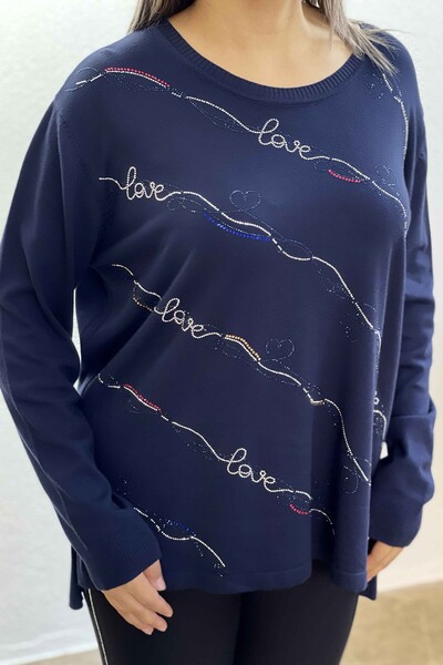 Wholesale Women's Knitwear Sweater Striped Written Embroidered Stone - 16467 | KAZEE - Thumbnail