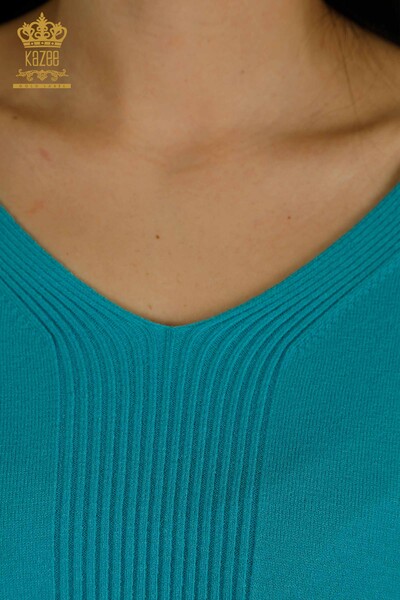 Wholesale Women's Knitwear Sweater with Slit Detail Turquoise - 30193 | KAZEE - Thumbnail