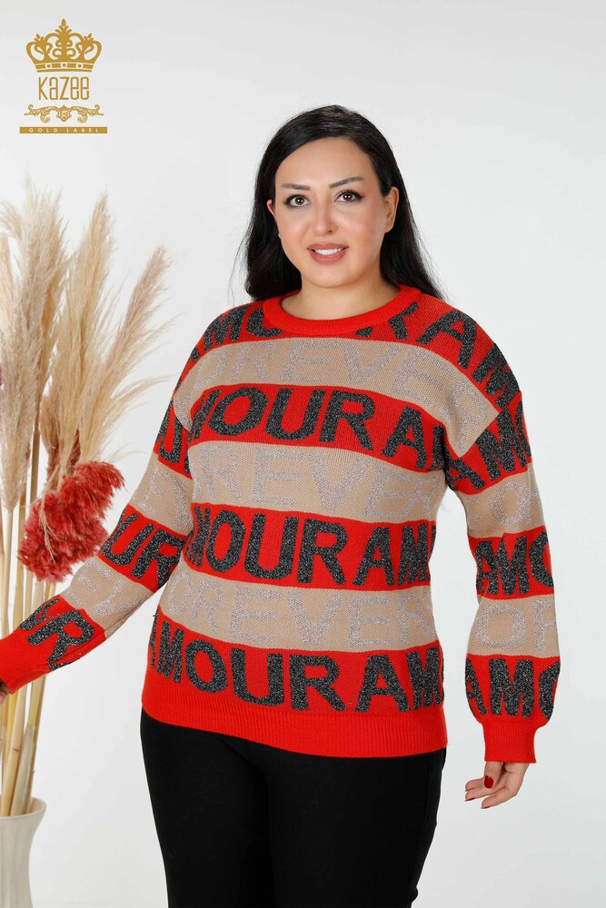 Wholesale Women's Knitwear Sweater Letter Detailed Coral - 30022 | KAZEE - 1