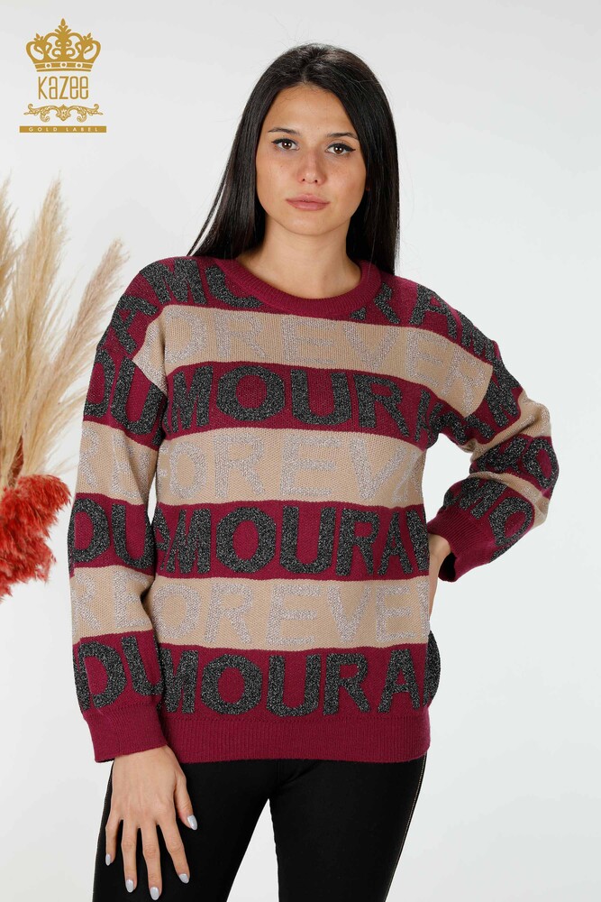 Wholesale Women's Knitwear Sweater Letter Detailed Purple - 30022 | KAZEE - 1