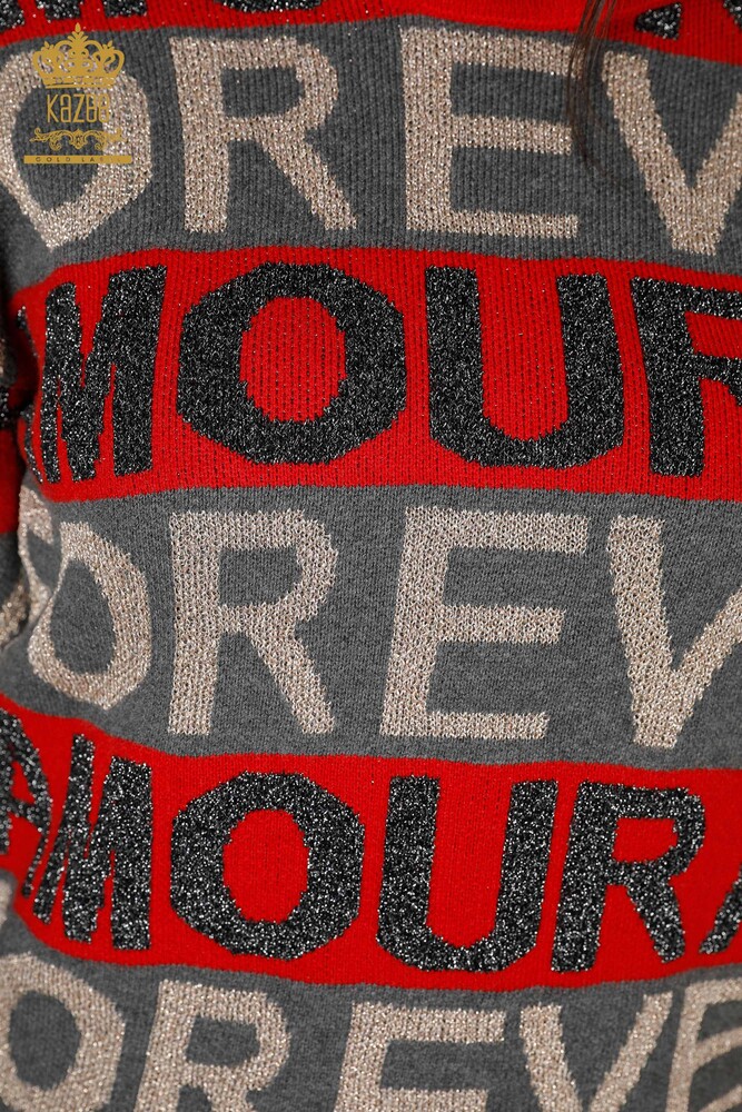 Wholesale Women's Knitwear Sweater Letter Detailed Red - 30022 | KAZEE - 3