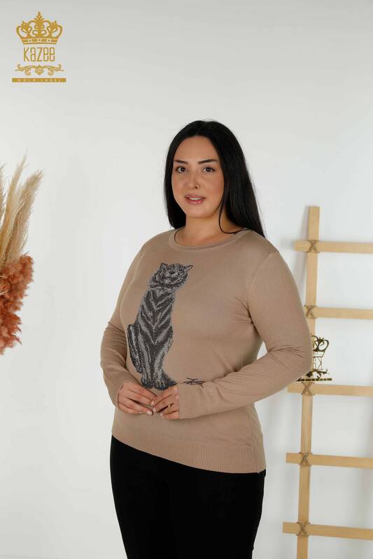 Wholesale Women's Knitwear Sweater - Tiger Pattern - Beige - 30127 | KAZEE