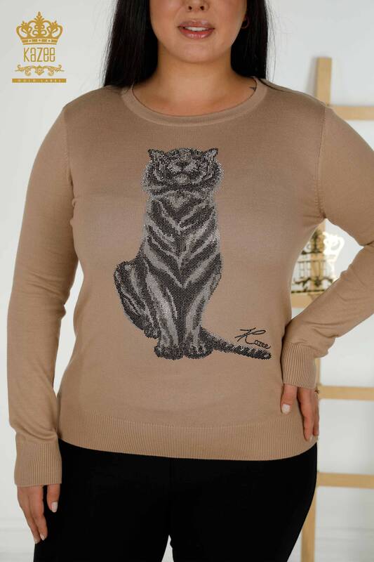 Wholesale Women's Knitwear Sweater - Tiger Pattern - Beige - 30127 | KAZEE