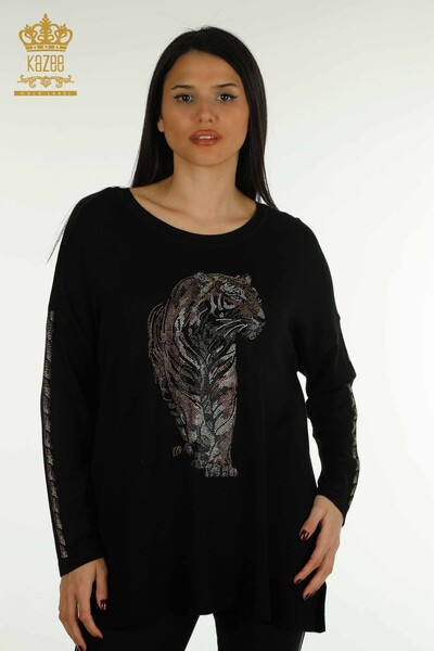 Wholesale Women's Knitwear Sweater Tiger Pattern Black - 30746 | KAZEE - Thumbnail