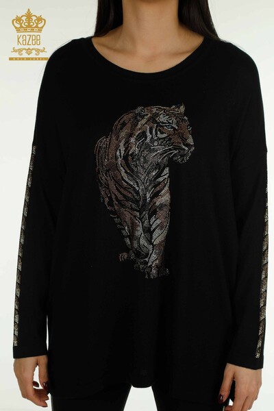 Wholesale Women's Knitwear Sweater Tiger Pattern Black - 30746 | KAZEE - Thumbnail