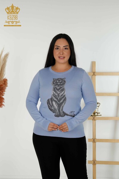 Wholesale Women's Knitwear Sweater - Tiger Pattern - Blue - 30127 | KAZEE - Thumbnail