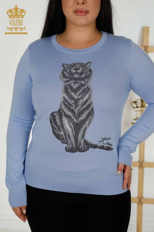 Wholesale Women's Knitwear Sweater - Tiger Pattern - Blue - 30127 | KAZEE