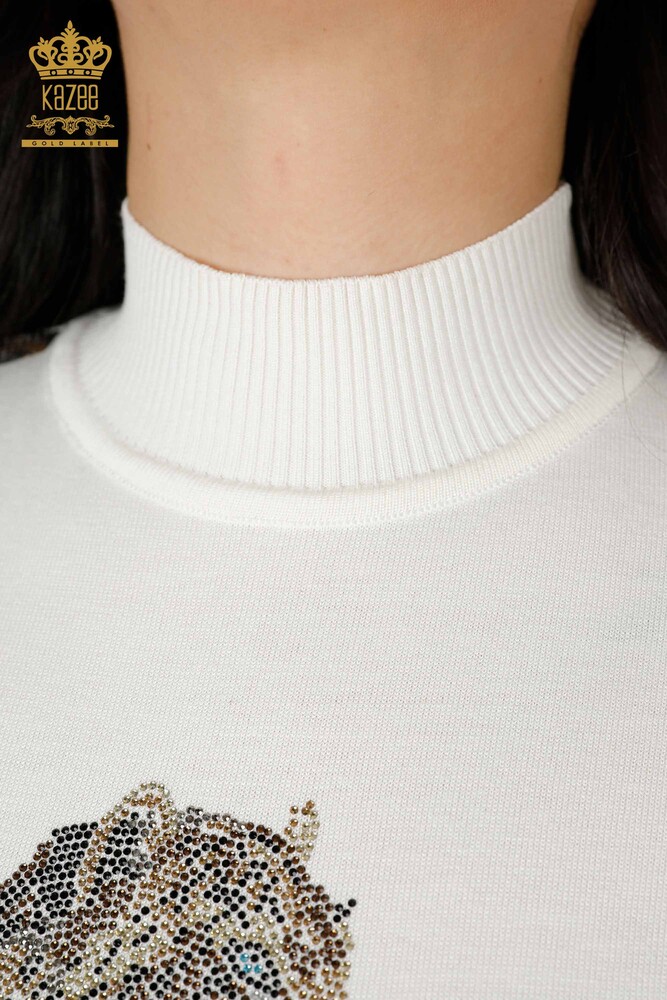 Wholesale Women's Knitwear Sweater Tiger Pattern Ecru - 16999 | KAZEE - 4