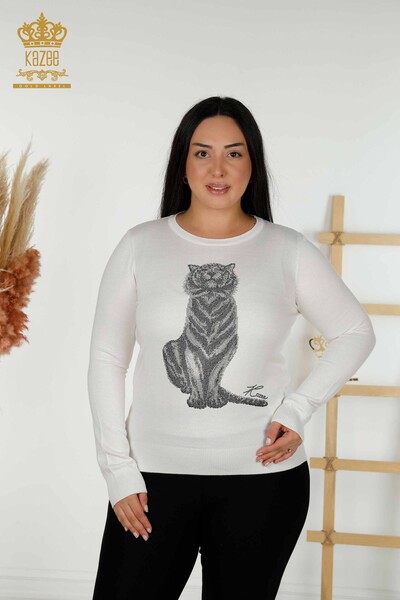 Wholesale Women's Knitwear Sweater - Tiger Pattern - Ecru - 30127 | KAZEE - Thumbnail