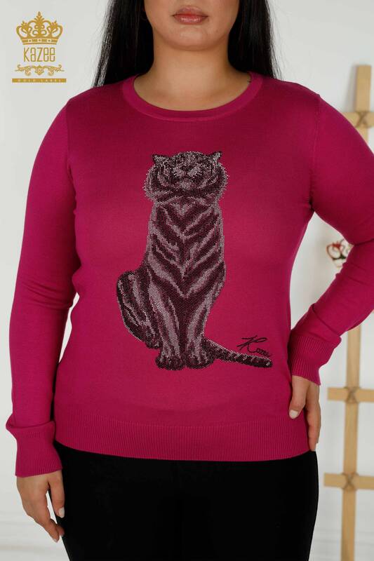 Wholesale Women's Knitwear Sweater - Tiger Pattern - Fuchsia - 30127 | KAZEE