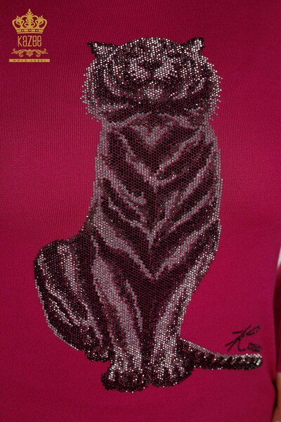 Wholesale Women's Knitwear Sweater - Tiger Pattern - Fuchsia - 30127 | KAZEE - Thumbnail