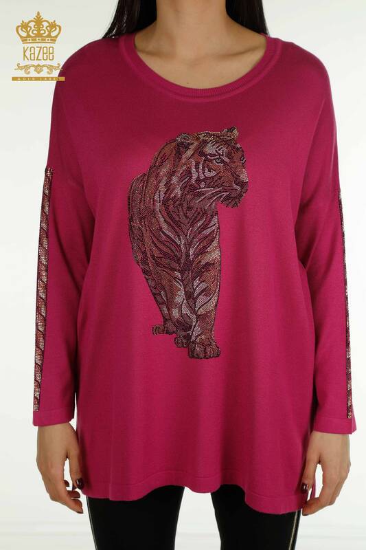 Wholesale Women's Knitwear Sweater Tiger Pattern Fuchsia - 30746 | KAZEE