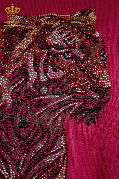 Wholesale Women's Knitwear Sweater Tiger Pattern Fuchsia - 30746 | KAZEE - Thumbnail
