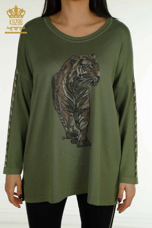 Wholesale Women's Knitwear Sweater Tiger Patterned Khaki - 30746 | KAZEE