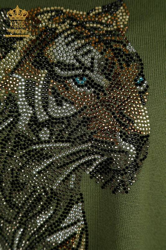 Wholesale Women's Knitwear Sweater Tiger Patterned Khaki - 30746 | KAZEE