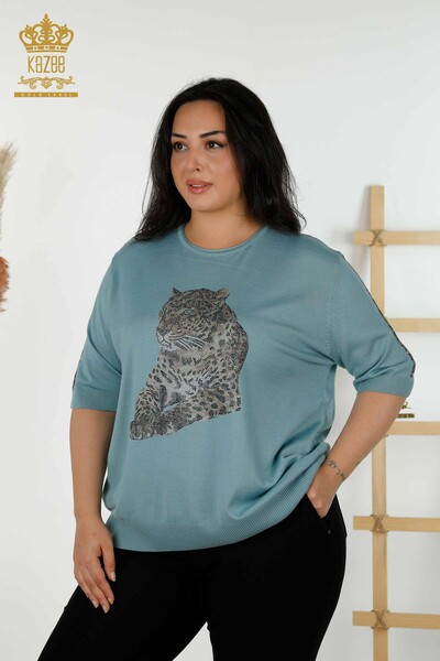 Wholesale Women's Knitwear Sweater - Tiger Pattern - Mint - 30314 | KAZEE - Thumbnail