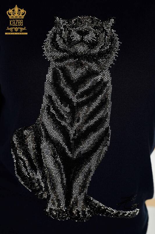Wholesale Women's Knitwear Sweater - Tiger Pattern - Navy Blue - 30127 | KAZEE