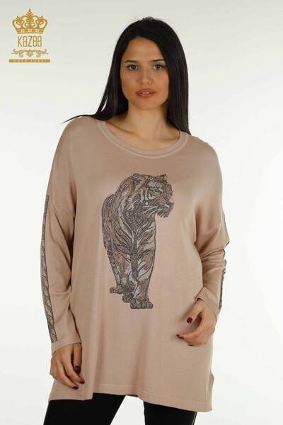 Wholesale Women's Knitwear Sweater Tiger Pattern Powder - 30746 | KAZEE - Thumbnail