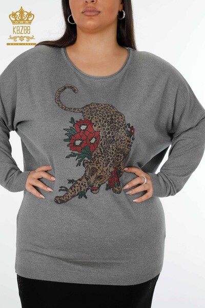 Wholesale Women's Knitwear Sweater Tiger Rose Pattern Gray - 16128 | KAZEE - Thumbnail