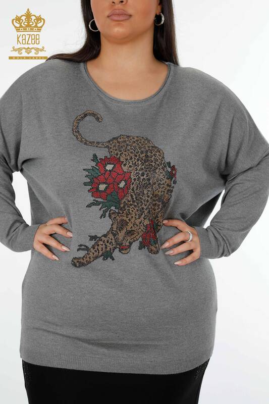 Wholesale Women's Knitwear Sweater Tiger Rose Pattern Gray - 16128 | KAZEE